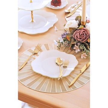 Glore Lotus Krem 6'lı Altın Yaldızlı Pasta Tabağı