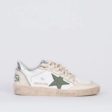 Golden Goose Ball Star GWF00117.F006861.10630 Beyaz Yeşil Yıldızlı Gümüş Topuk Detaylı Deri Kadın Günlük Ayakkabı