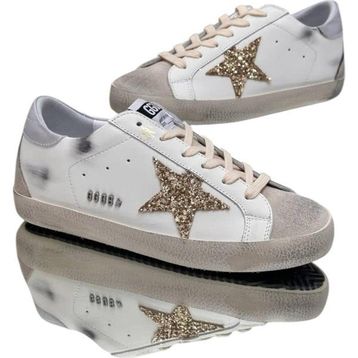 Golden Goose Super-Star GWF00102.F004664.10417 Beyaz Deri Altın Simli Yıldız Buz Grisi Süet Detaylı Kadın Günlük Ayakkabı