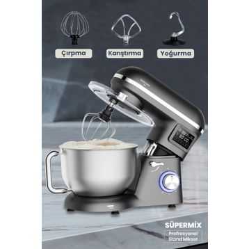 Goldmaster Süpermix Dokunmatik 1500WATT 5.5 lt Çırpma Karıştırma Yoğurma Antrasit Stand Mikser Mutfak Şefi