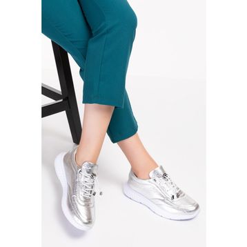 Gondol ES.110-Gümüş İçi Dışı Hakiki Deri Faylon Taban Hafif Spor Ayakkabı