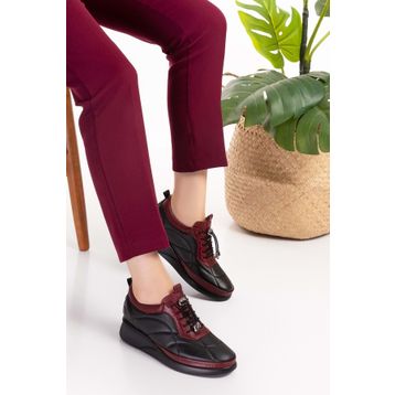 Gondol NDR.5506-Siyah-Bordo Hakiki Deri Anatomik Taban Rahat Lastik Bağcıklı Ayakkabı