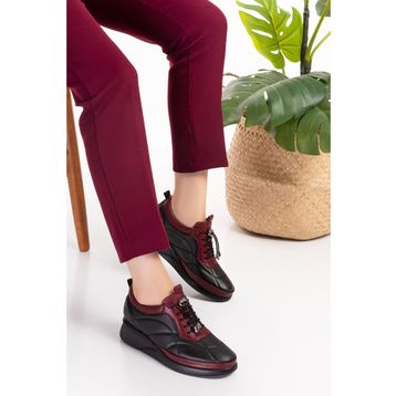 Gondol NDR.5506-Siyah-Bordo Hakiki Deri Anatomik Taban Rahat Lastik Bağcıklı Ayakkabı
