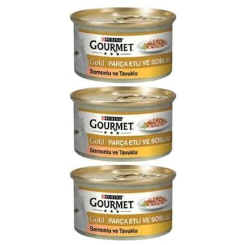 Gourmet 3x85 gr Gold Parça Etli Somonlu Tavuklu Yaş Kedi Maması