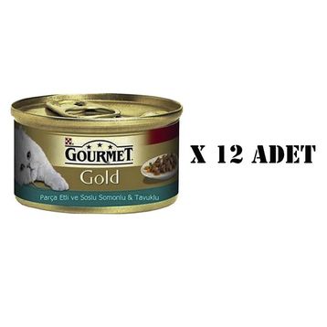 Gourmet Gold 12x85 gr Parça Etli ve Soslu Somonlu ve Tavuklu Kedi Konservesi