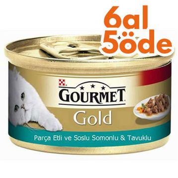 Gourmet Gold Parça Etli Ve Soslu Somonlu Tavuklu 85 gr 6 Al 5 Öde Yaş Kedi Maması