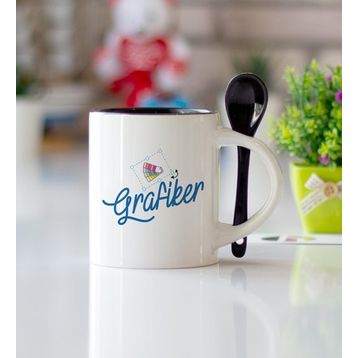 Grafiker Siyah Kaşıklı Kupa Bardak
