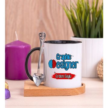 Grafiker Siyah Kaşıklı Kupa Bardak
