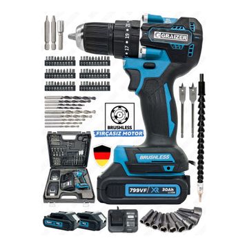 Graizer Alman 799 VF 30 Ah Darbeli Profesyonel Kömürsüz Motor Samsung 82 Parça Çift Akülü Şarjlı Vidalama Matkap