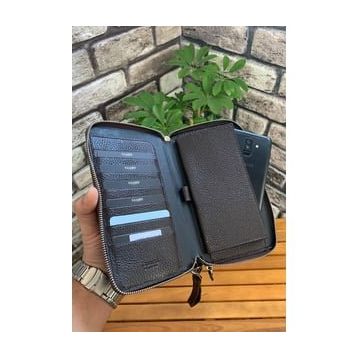 Guard P3031 Çift Fermuarlı Kahverengi Hakiki Deri El Çantası