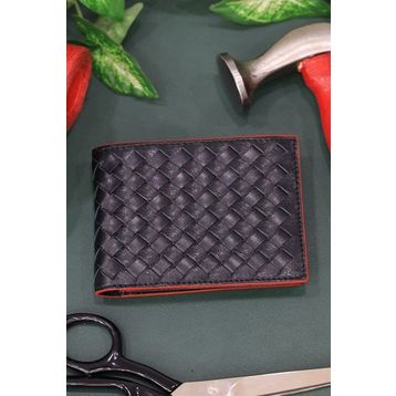 Guard T1063 Örgü Desenli Kırmızı Kenarlı Siyah Deri Erkek Cüzdanı