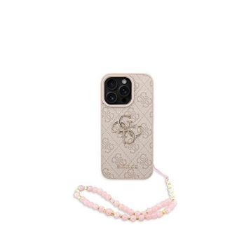 Guess iPhone 16 Pro Pembe PU Deri Bilek Askı İpli Metal Büyük 4G Yazı Logolu Telefon Kılıfı