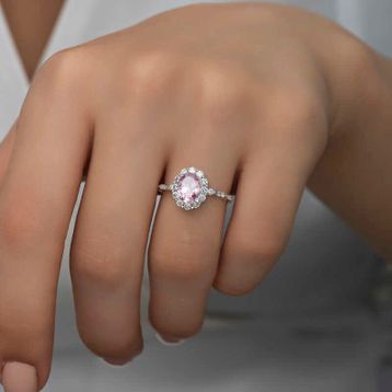 Gümüş Hane Pembe Oval Taşlı Kadın Gümüş Yüzük