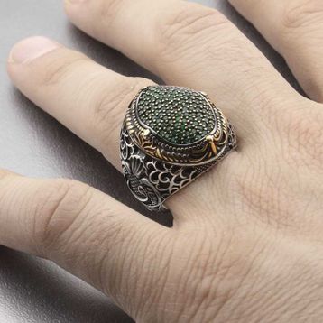 Gümüş Hane Yeşil Zirkon Taşlı Oval Erkek Gümüş Yüzük