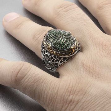 Gümüş Hane Yeşil Zirkon Taşlı Oval Erkek Gümüş Yüzük