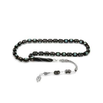 Gümüş Hediye Al 925 Ayar Gümüş Püsküllü Gümüş-Firuze İşlemeli Silindir Kesim Erzurum Oltu Taşı Siyah Tesbih