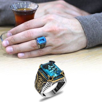 Gümüş Hediye Al Baget Kesim Aqua Zirkon Taşlı Yanları Gotik Süslemeli 925 Ayar Gümüş Erkek Yüzük