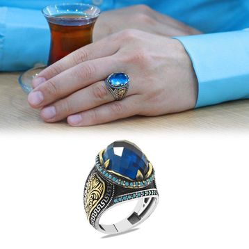 Gümüş Hediye Al Faset Kesim Turkuaz Zirkon Taşlı Oval Tasarım Grek Süslemeli 925 Ayar Gümüş Erkek Yüzük