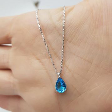 Gümüş Mavi Topaz Damla Bayan Kolye