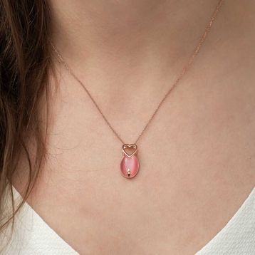 Gümüş Pembe Kedi Gözü Kolye