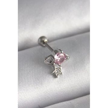 Gümüş Renk Pembe Zirkon Taşlı Sallantı Yıldız Detay Tragus Piercing