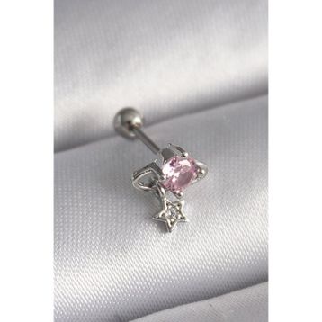 Gümüş Renk Pembe Zirkon Taşlı Sallantı Yıldız Detay Tragus Piercing