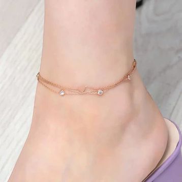 Gümüş Rose Çift Zincirli Kalp Zirkon Taşlı Halhal