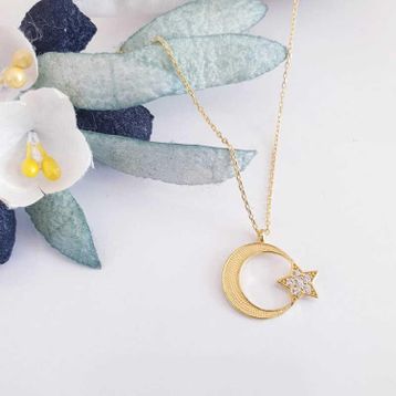 Gumush 925 Ayar Gümüş Gold Ay Yıldız Kadın Kolye
