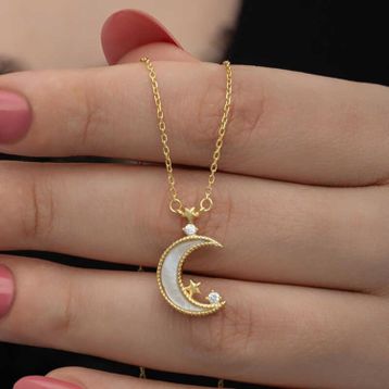 Gumush 925 Ayar Gümüş Gold Ay Yıldız Kadın Kolye