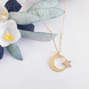 Gumush 925 Ayar Gümüş Gold Ay Yıldız Kadın Kolye