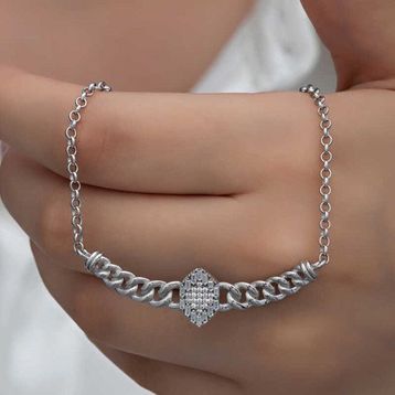Gumush 925 Ayar Gümüş Gurmet Zincirli Baget Taşlı Kadın Kolye