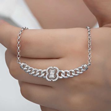 Gumush 925 Ayar Gümüş Gurmet Zincirli Baget Taşlı Kadın Kolye