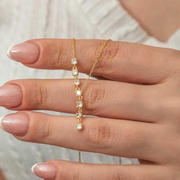 Gumush 925 Ayar Gümüş Zirkon Sıra Taşlı Gold Kadın Kolye