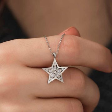 Gumush Baget Taşlı Yıldız Gümüş Kolye
