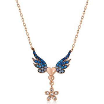 Gumush Çiçekli Kanatlı Kalpli Gümüş Kolye