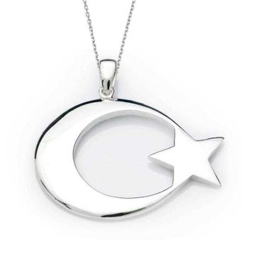 Gumush P6937S1569 Ay Yıldız Bayrak Gümüş Kolye