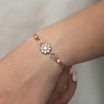 Gumush Rose Çiçek Modelli Gümüş Bileklik
