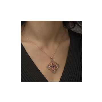 Gumush Rose Etnik Desenli Madalyon Gümüş Kolye