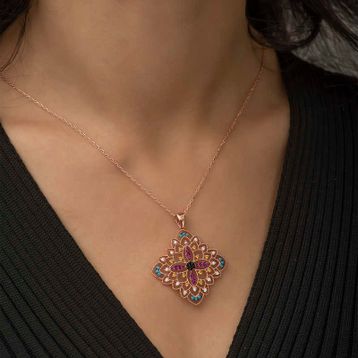 Gumush Rose Etnik Desenli Madalyon Gümüş Kolye