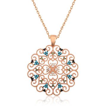 Gumush Rose Etnik Desenli Madalyon Gümüş Kolye