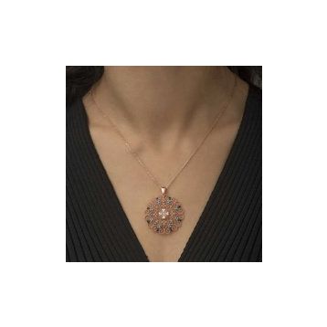 Gumush Rose Etnik Desenli Madalyon Gümüş Kolye