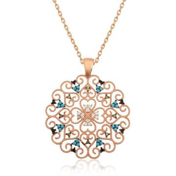 Gumush Rose Etnik Desenli Madalyon Gümüş Kolye