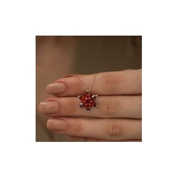 Gumush Rose Kırmızı Çiçek Gümüş Kolye