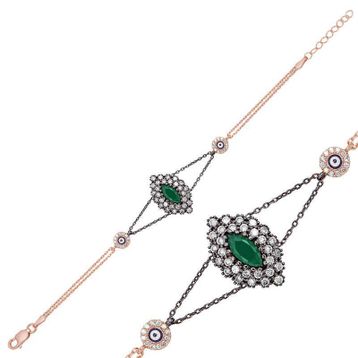 Gumush Rose Mat Yeşil Taşlı Otantik Gümüş Bileklik