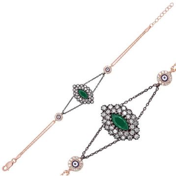 Gumush Rose Mat Yeşil Taşlı Otantik Gümüş Bileklik