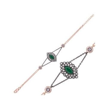 Gumush Rose Mat Yeşil Taşlı Otantik Gümüş Bileklik