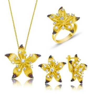 Gumush Sarı Çiçek Kadın Gümüş Set