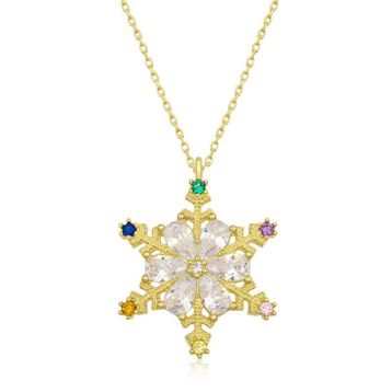 Gumush T7090 Gold Renkli Taşlı Kar Tanesi Kadın Gümüş Kolye