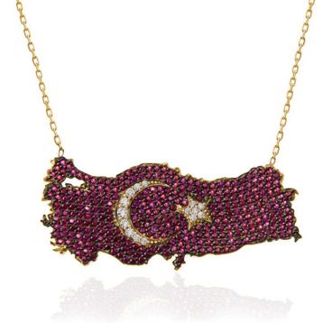 Gumush T7370 Gümüş Gold Ay Yıldız Türkiye Haritası Kadın Kolye
