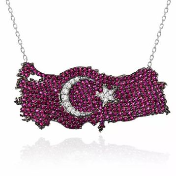 Gumush T7371 Gümüş Ay Yıldız Türkiye Haritası Kadın Kolye
